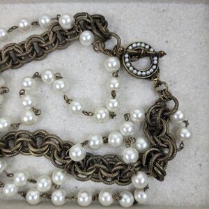 Burnished gold pearl triple strand necklace decorative toggle lady whimsigoth